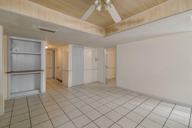 empty room featuring ceiling fan, light tile patterned floors, and wood ceiling