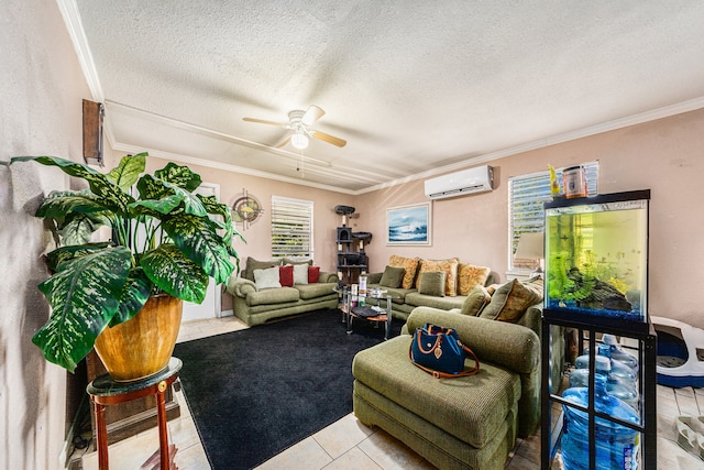 tiled living room with a textured ceiling, ceiling fan, crown molding, and a wall mounted air conditioner