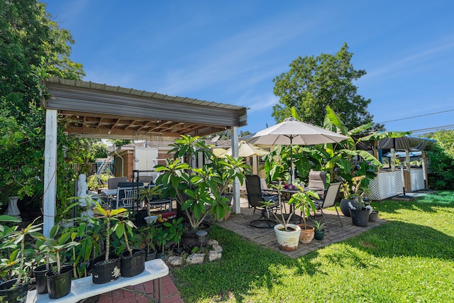 view of yard with a shed, an outdoor living space, and a patio