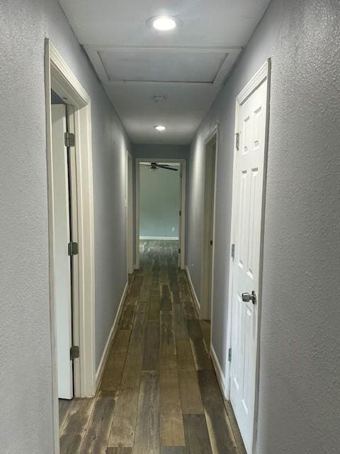 hall with a textured wall, dark wood finished floors, and attic access