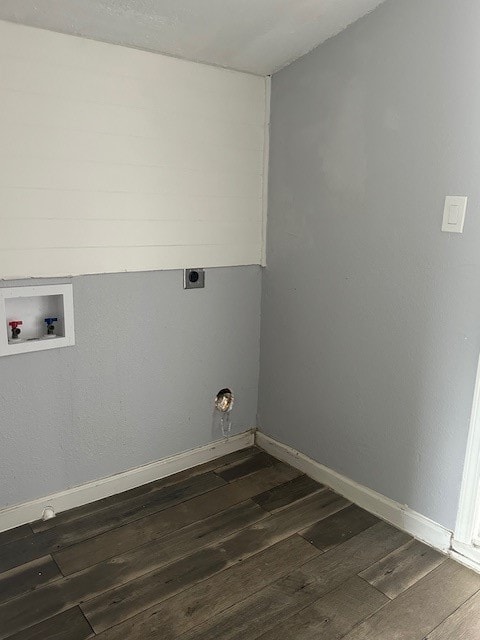 laundry room with hookup for an electric dryer, dark wood-type flooring, and washer hookup