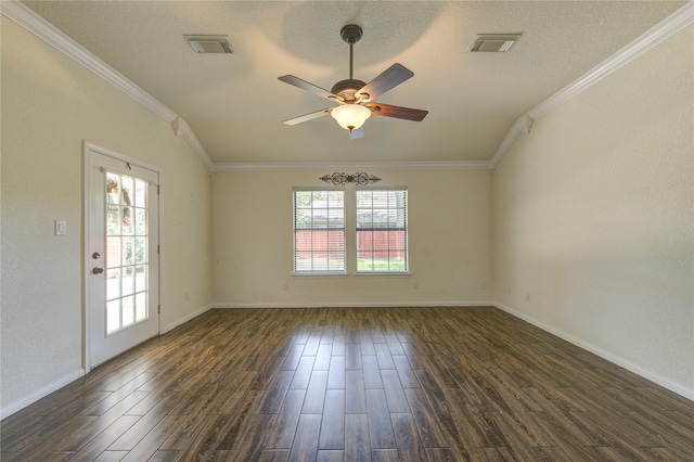 empty room featuring ornamental molding, dark hardwood / wood-style floors, and ceiling fan