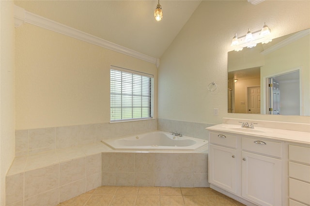 bathroom featuring vaulted ceiling, tiled bath, tile patterned flooring, vanity, and crown molding