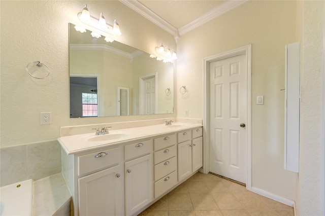 bathroom featuring crown molding, vanity, and tile patterned floors