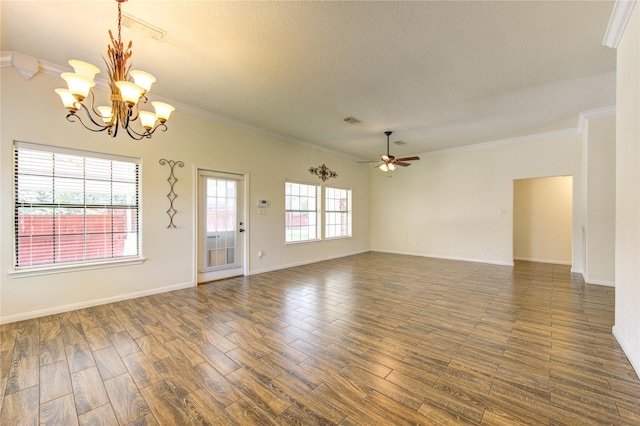 empty room featuring dark wood-type flooring, crown molding, ceiling fan with notable chandelier, and a textured ceiling