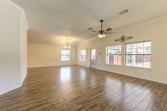 unfurnished room featuring ornamental molding, dark wood-type flooring, and ceiling fan with notable chandelier