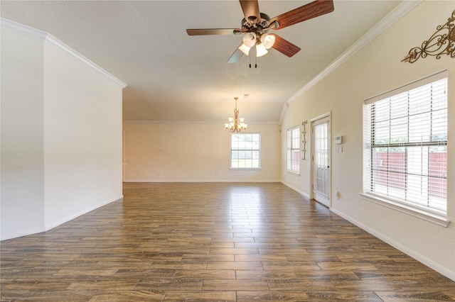 spare room with dark hardwood / wood-style flooring, crown molding, and ceiling fan with notable chandelier