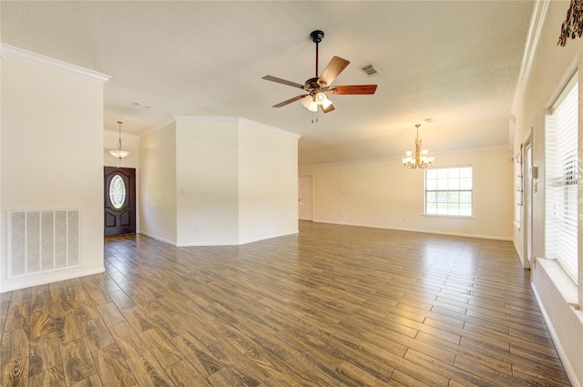 spare room with crown molding, dark hardwood / wood-style flooring, ceiling fan with notable chandelier, and a textured ceiling