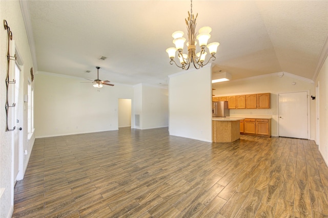 unfurnished living room featuring ornamental molding, lofted ceiling, dark hardwood / wood-style floors, and ceiling fan with notable chandelier