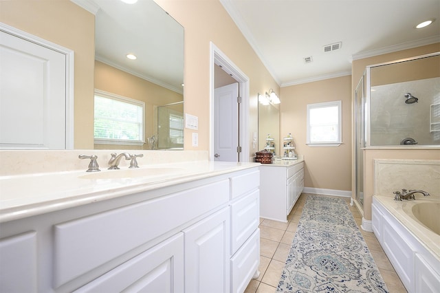 bathroom featuring tile patterned flooring, plenty of natural light, crown molding, and independent shower and bath