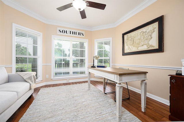 home office featuring dark hardwood / wood-style flooring, ceiling fan, and a healthy amount of sunlight