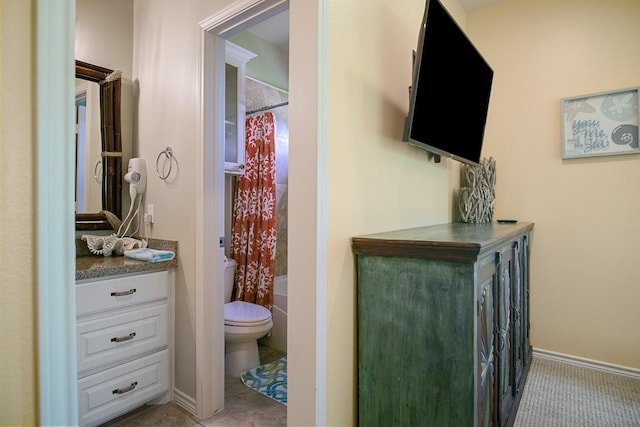 full bathroom with toilet, vanity, and shower / bathtub combination with curtain