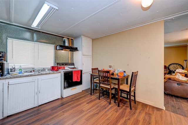 kitchen featuring electric range, ventilation hood, hardwood / wood-style flooring, and white cabinetry