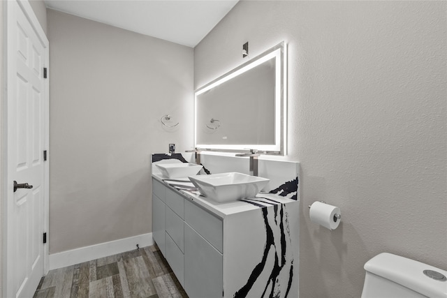 bathroom with vanity, hardwood / wood-style flooring, and toilet