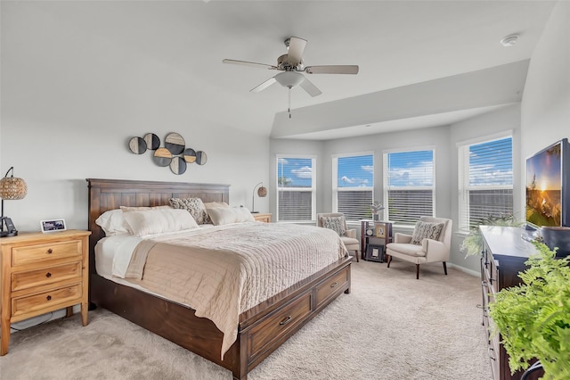 bedroom featuring light carpet and ceiling fan