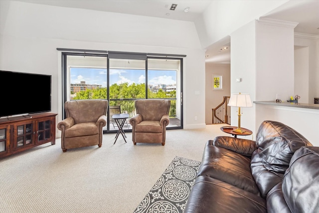 living room with ornamental molding