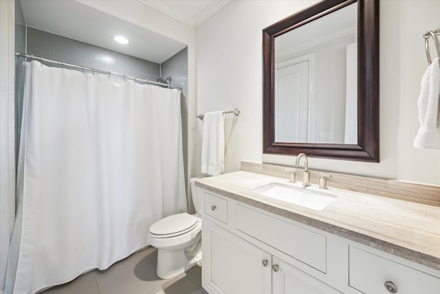 bathroom featuring curtained shower, tile patterned floors, vanity, toilet, and ornamental molding