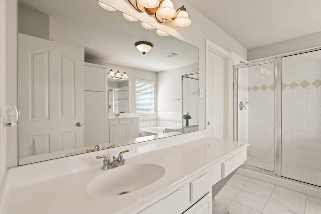 bathroom with vanity, tile floors, and plus walk in shower