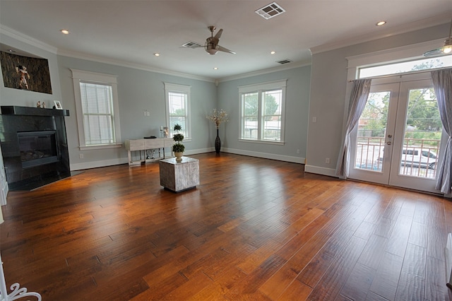 exercise room with a healthy amount of sunlight, crown molding, french doors, and dark wood-type flooring