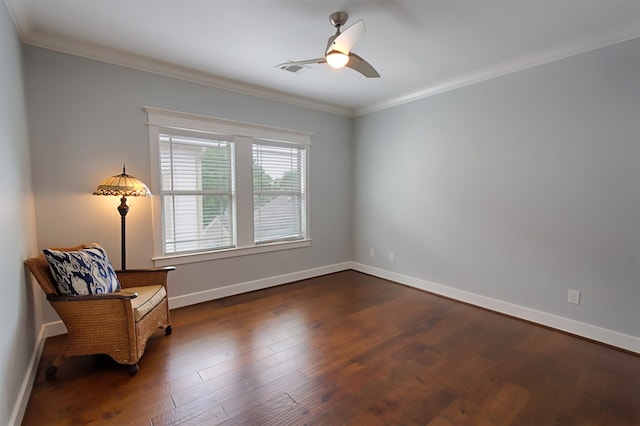 unfurnished room with dark hardwood / wood-style flooring, ceiling fan, and crown molding