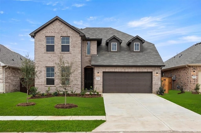 view of front facade with brick siding, driveway, and a front yard