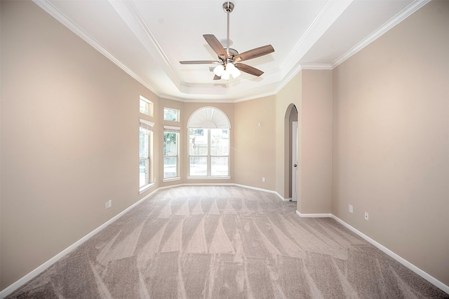 carpeted empty room featuring a raised ceiling, ceiling fan, and crown molding