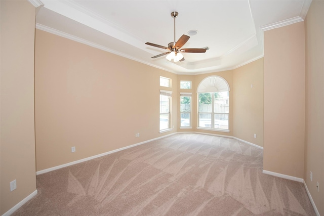 empty room featuring ceiling fan, a raised ceiling, ornamental molding, and light carpet