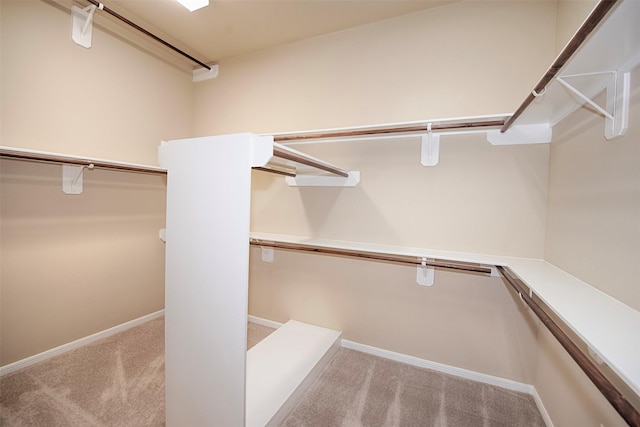 walk in closet with light carpet