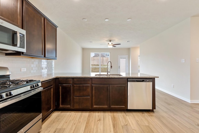 kitchen with stainless steel appliances, sink, light hardwood / wood-style floors, and kitchen peninsula