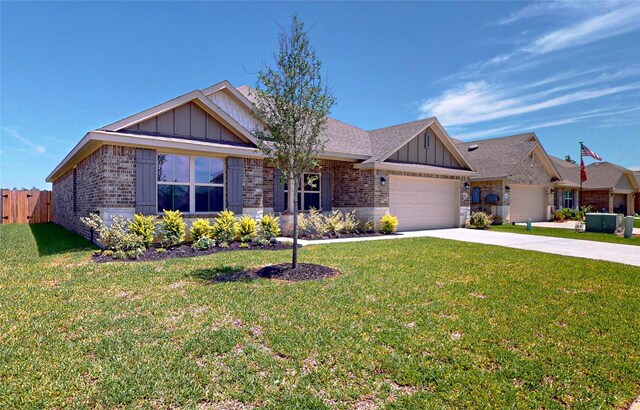 ranch-style home featuring a garage and a front lawn