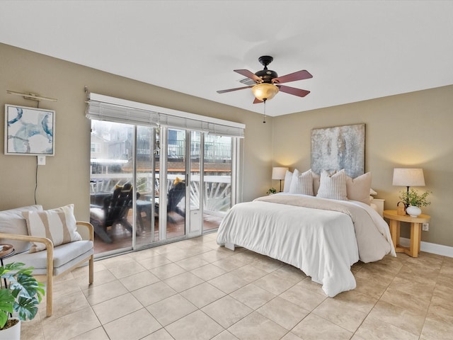 bedroom featuring access to exterior, light tile patterned floors, and ceiling fan