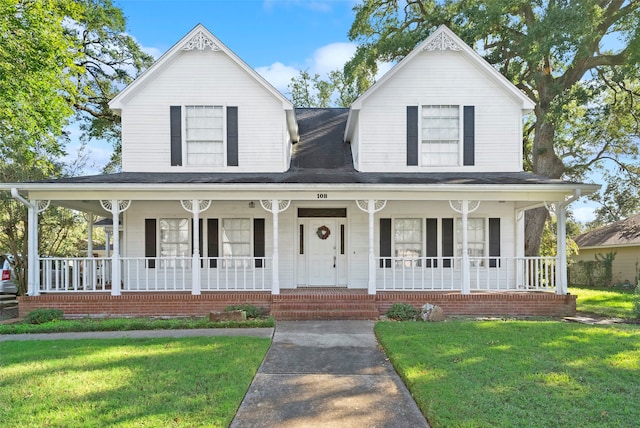 farmhouse inspired home with a porch and a front lawn