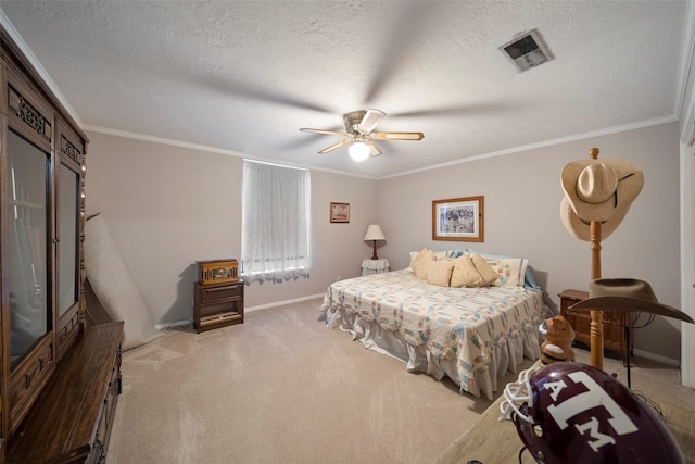 carpeted bedroom featuring crown molding, a textured ceiling, and ceiling fan