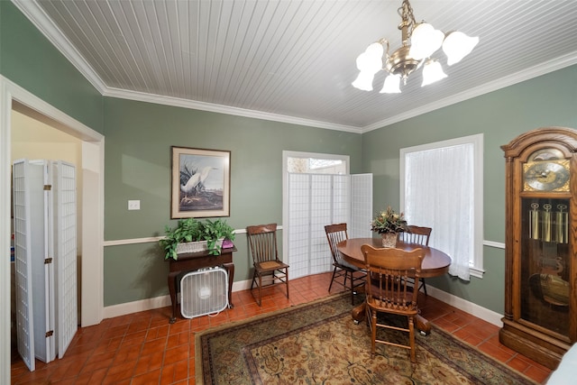 dining space with crown molding, wooden ceiling, and an inviting chandelier