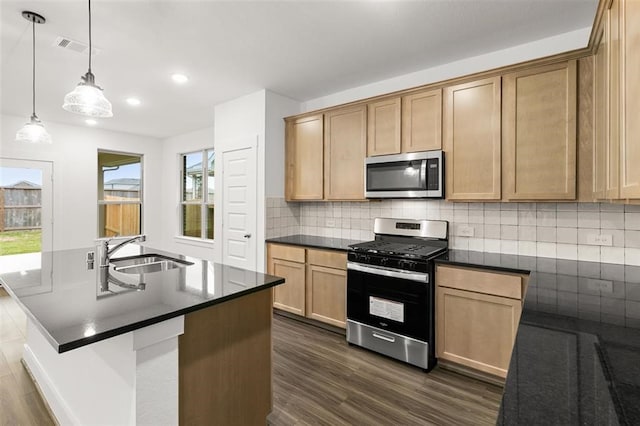 kitchen with sink, a kitchen island with sink, dark hardwood / wood-style floors, pendant lighting, and appliances with stainless steel finishes