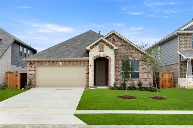 french country inspired facade with driveway, fence, brick siding, a garage, and a front yard