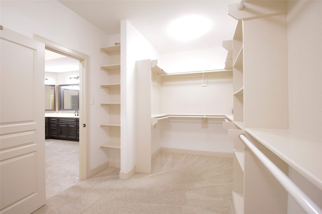 spacious closet with light carpet and sink