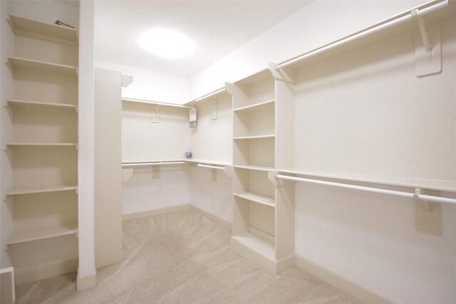 walk in closet with light carpet