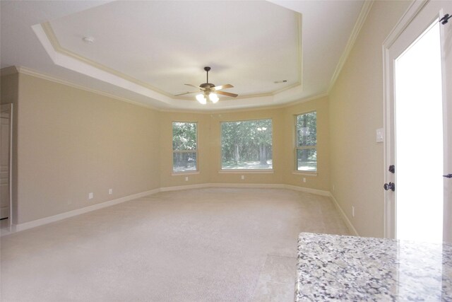 spare room with ceiling fan, a tray ceiling, crown molding, and carpet flooring