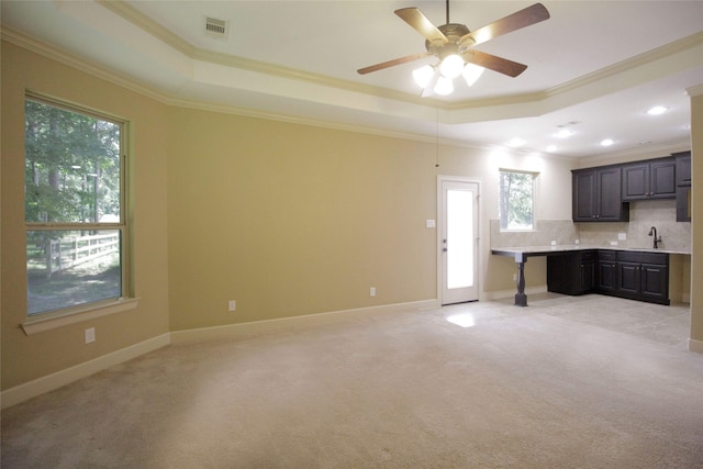 unfurnished living room with a healthy amount of sunlight, a raised ceiling, and light colored carpet