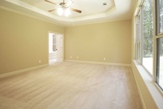 carpeted spare room with a tray ceiling, ornamental molding, and ceiling fan