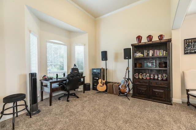 home office featuring carpet flooring and ornamental molding