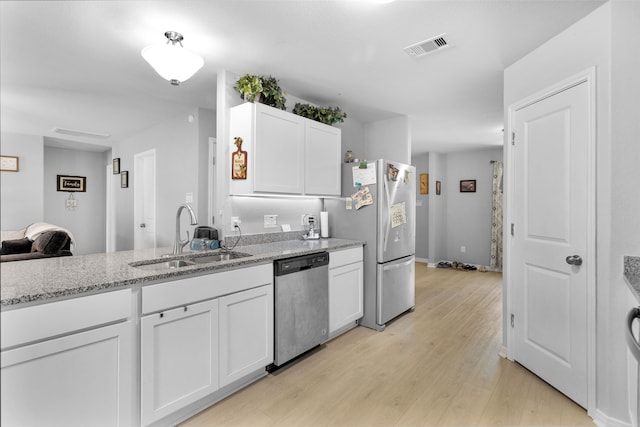 kitchen with white cabinets, light hardwood / wood-style flooring, stainless steel appliances, and sink