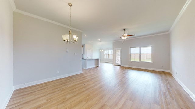 interior space featuring light hardwood / wood-style floors, ornamental molding, and ceiling fan with notable chandelier