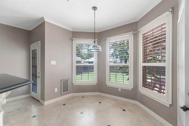 unfurnished dining area featuring a notable chandelier, ornamental molding, and light tile floors