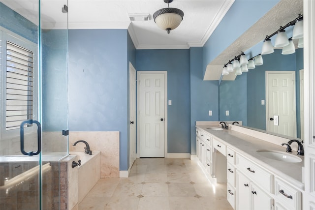 bathroom with tile flooring, ornamental molding, double sink, a bathtub, and large vanity