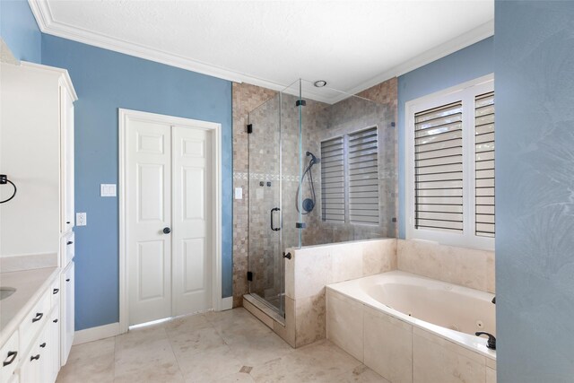 bathroom with tile floors, crown molding, independent shower and bath, and vanity