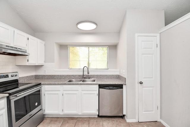 kitchen with white cabinets, decorative backsplash, sink, and stainless steel appliances