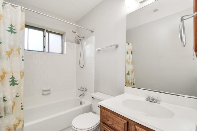 full bathroom featuring shower / bath combination with curtain, vanity, and toilet