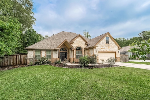 french country style house with brick siding, fence, driveway, roof with shingles, and a front yard